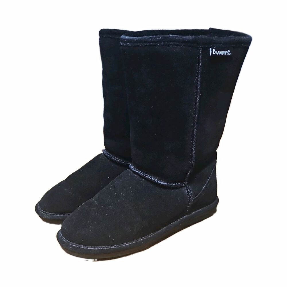 BEARPAW Black Suede Mid-Calf Pull On Snow Boots Round Toe Women’s US 6
